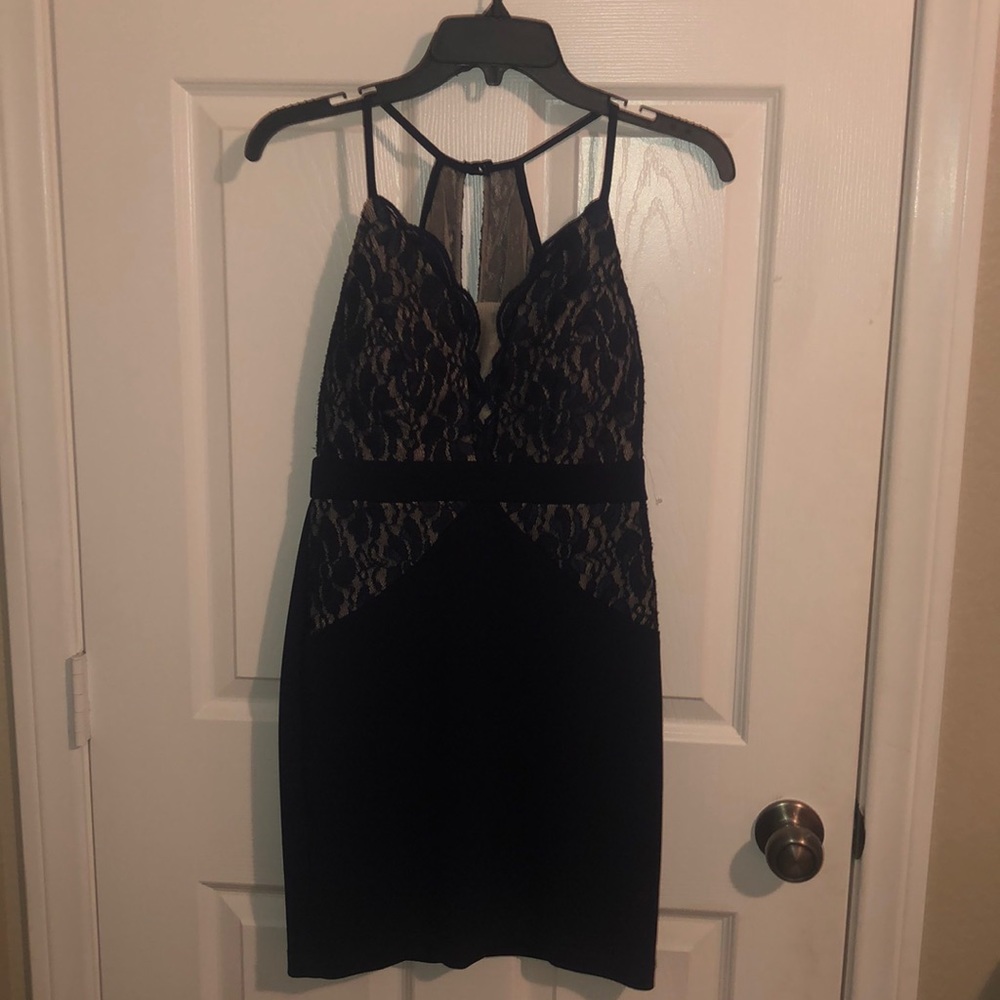 navy blue and beige bodycon homecoming dress